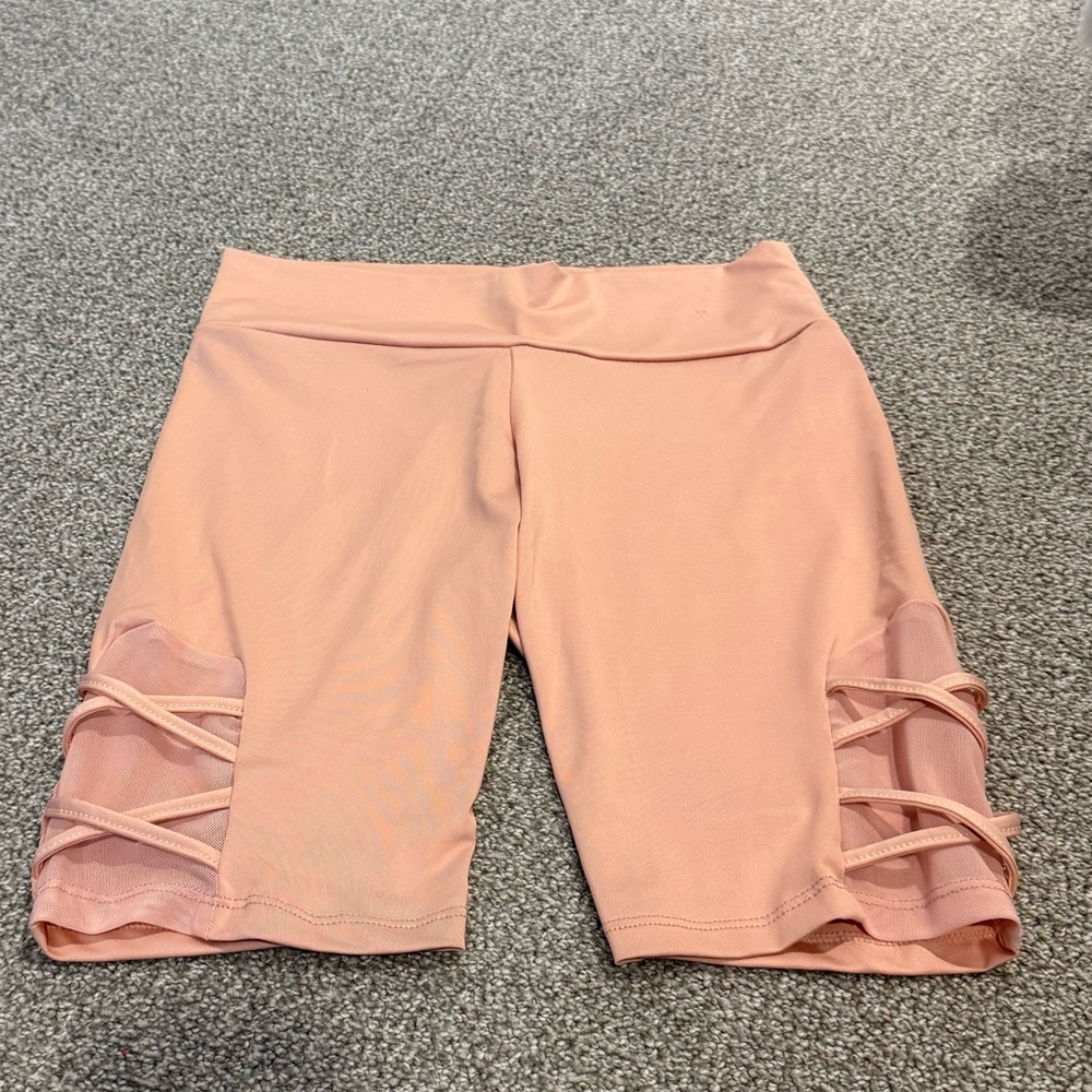 Coral Pink Bike Shorts with Ruched Sides and Elastic Waistband